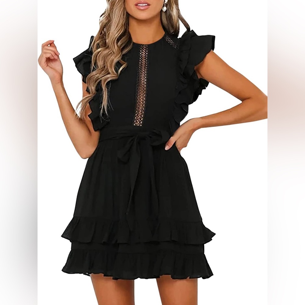 Women’s Black Dress Small Flutter sleeve Tiered Ruffle Hem Crochet Detail
